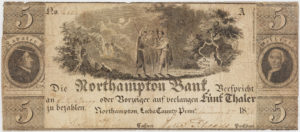 Banknote der Northampton Bank zu 5 Taler, Lecha County, Pennsylvania, 1836.