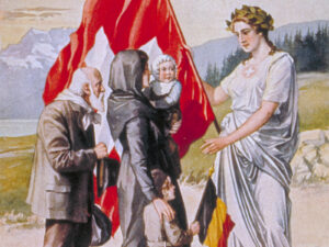 «La Suisse accueille sa soeur neutre La Belgique», Carte postale colorée de 1914-1918.