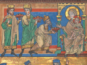 The Three Kings bringing the baby Jesus precious gifts, as depicted in the Golden Gospels of Henry III, circa 1220.