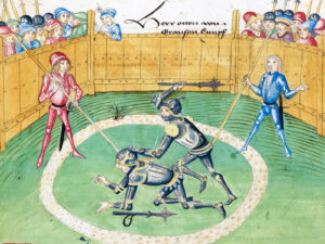 Duel d’Othon de Grandson et de Gérard d’Estavayer représenté vers 1483 dans l’Amtliche Berner Chronik de Diebold Schilling.