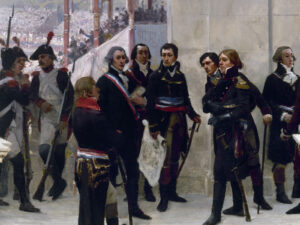 Jean-Nicolas Pache (Zweiter von links, zum Betrachter schauend) am Föderationsfest vom 14. Juli 1790, gemalt von Henri Gervex 1889 (Ausschnitt).