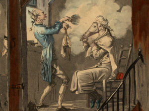 Caricature entitled La Toilette d’un clerc de procureur, 1816: a lawyer's clerk has his wig generously powdered by a servant or barber.
