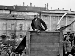 Lenin giving a speech in Moscow in 1920.