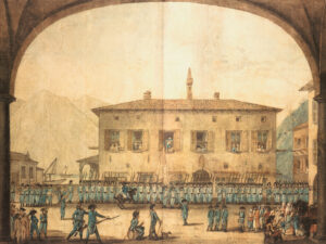 Le Corps des volontaires luganais, vers 1798. Encre à la plume de Rocco Torricelli.