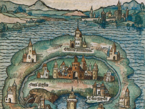 The island of Utopia in a colourised excerpt from the first edition dating from 1516.