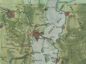 Map of eastern Lake Zurich at the time of the First War of Villmergen, 1656 (detail).