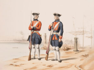Two mercenaries of the Karrer Regiment, 1763. Hand-drawing, after 1850.