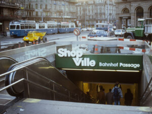 Entrance to Shopville in Zurich, 1989.