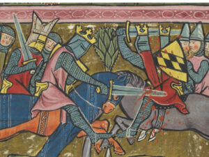 A knight’s weapon of first choice was always his sword. Image from the world chronicle of Rudolf von Ems, around 1300.