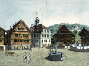 Sarnen, Dorfplatz, um 1832. Aquarell von David Alois Schmid