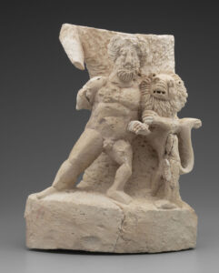 Heracles with the Nemean lion, ca. AD 200, excavated in 1937 in a Zeus temple at Dura-Europos on the Syria-Iraq border.