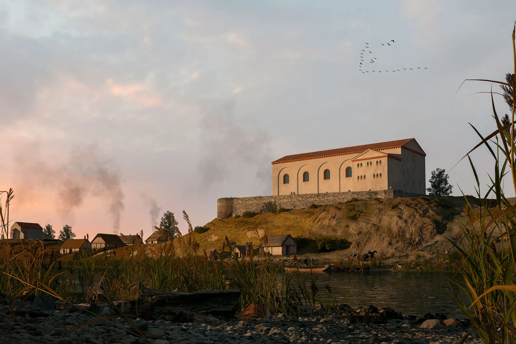Digitale Rekonstruktion der karolingischen Pfalz: So könnte die Pfalz auf dem Lindenhof im Jahr 878 ausgesehen haben.