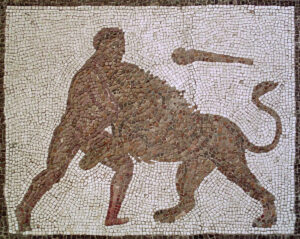 Heracles and the Nemean lion. Roman mosaic from Llíria, first half of the 3rd century, province of Valencia, Spain.