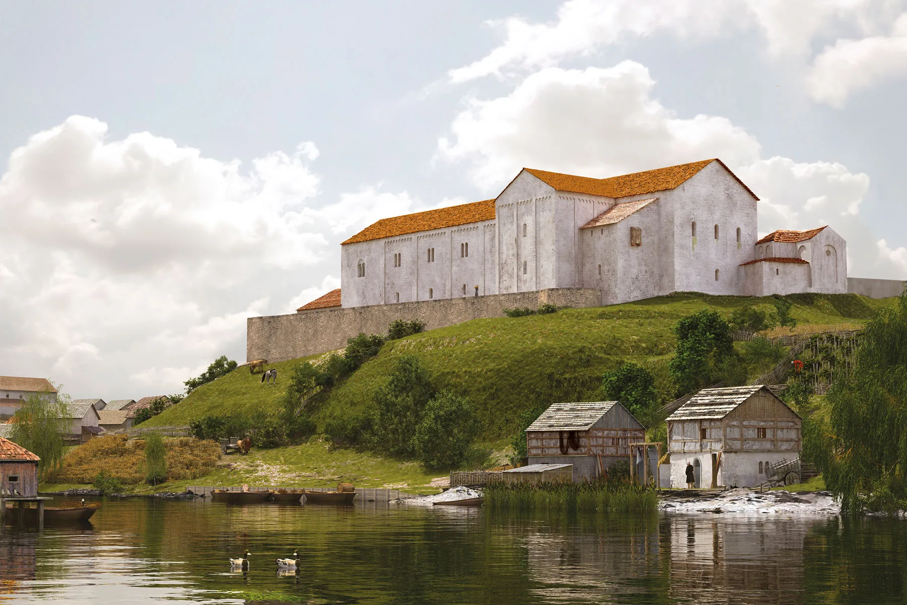 Auf die Karolinger folgten die Ottonen, die in Zürich einen Neubau errichten liessen. Im Jahr der Verlobung Heinrichs IV. mit Bertha von Savoyen erhob sich ein zweigeschossiger Monumentalbau auf dem Lindenhof.