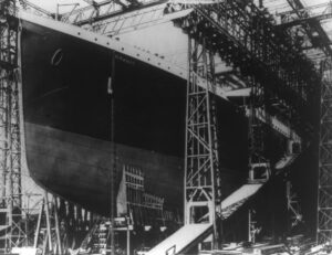 The Titanic shortly before launching in May 1911.