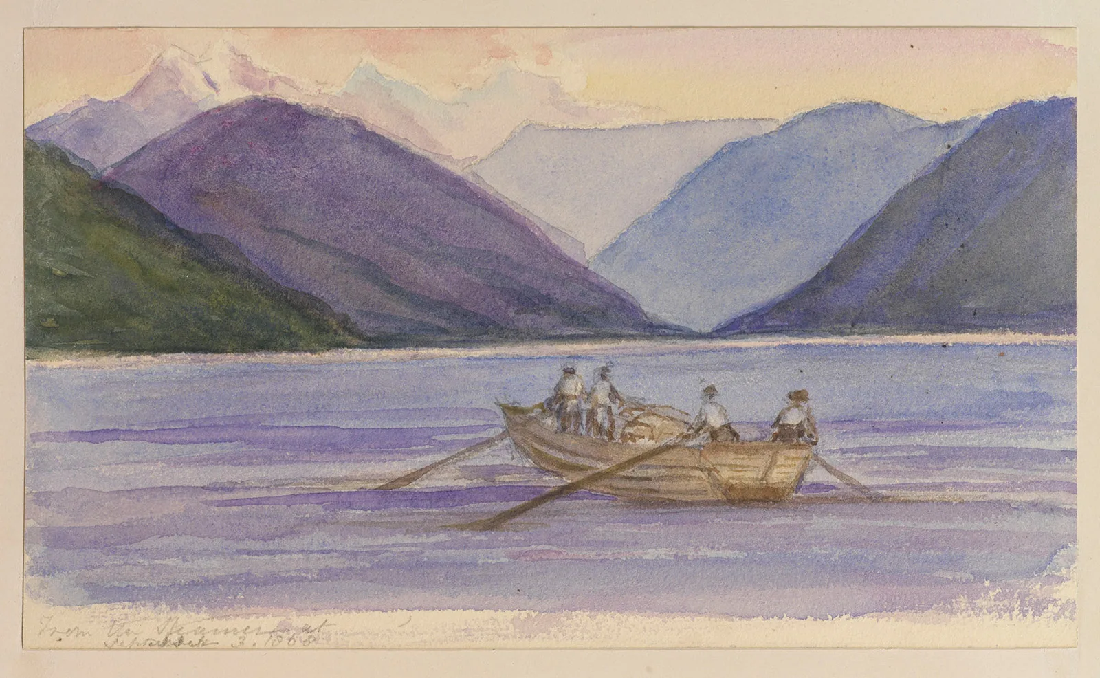 Eine anmutige Szene: vier Fischer mit Stechpaddeln auf dem Vierwaldstättersee.