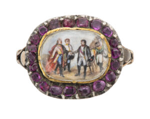 Finger ring with a watercolour surrounded by rubies, 1805.