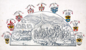 Der Auszug der protestantischen Familien im Jahr 1555 aus Locarno, dargestellt mit ihren Familienwappen.