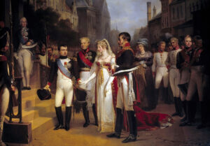 Napoleon receives Queen Louise of Prussia in Tilsit on 6 July 1807. Painting by Nicolas-Louis-François Gosse.