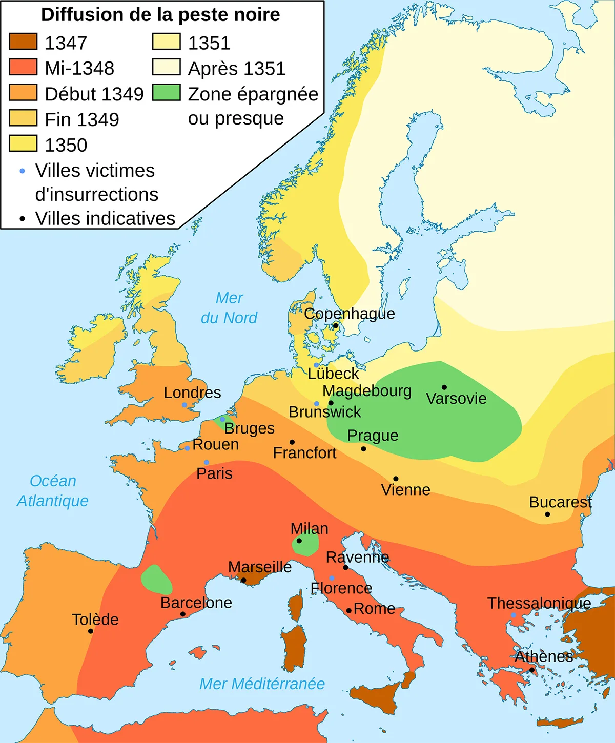 La propagation de la peste en Europe.