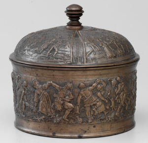 Spanish soup tureen. Cylindrical casserole dish without base. Sides depicting country dance. Four seasons on embossed lid. From the Füssli bell and cannon foundry. Zurich, 1590–1600.