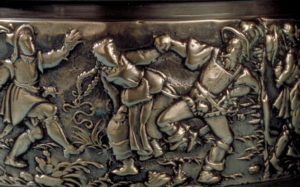 Darstellung eines Bauerntanzes auf einer Spanischsuppenschüssel aus der Glocken- und Geschützgiesserei Füssli, um 1600