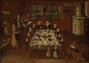 Les mœurs de table du XVIIe siècle. Ce tableau de Johann Jakob Sulzer datant de 1643 montre Conrad Bodmer, bailli de Greifensee, à table avec sa famille.