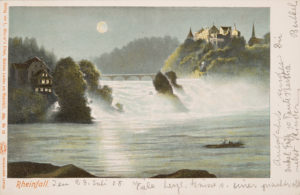 Salutations des chutes du Rhin. La carte postale a été envoyée en 1898.