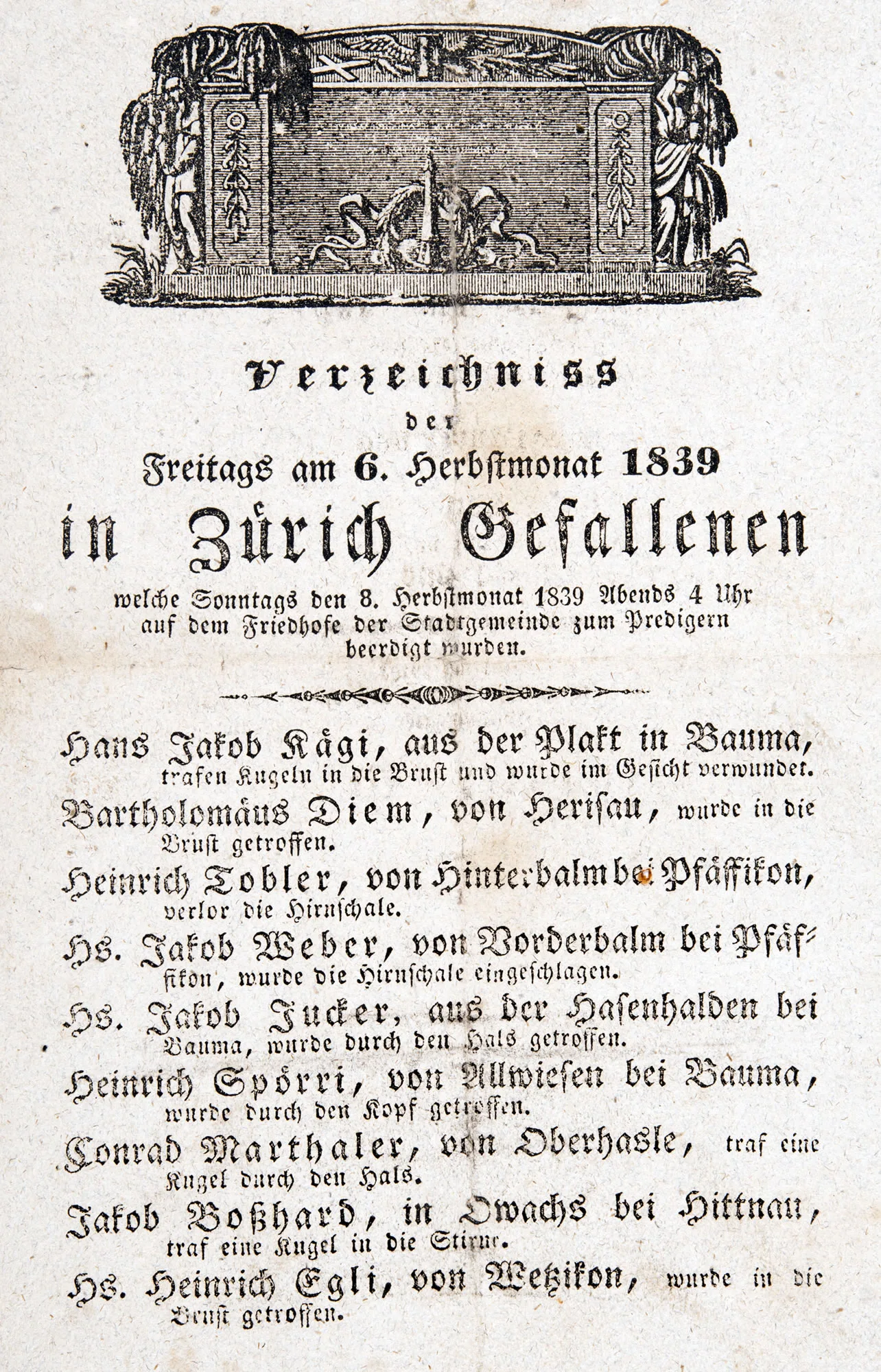 Erinnerungsblatt an die am 6. September 1839 Gefallenen. Neben den Namen der Verstorbenen wird auch die Todesursache aufgelistet.