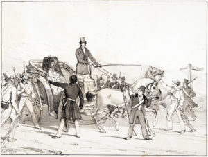 As the story goes, Colonel Sulzberger, commander of the Zurich troops, fled to Baden dressed as a woman after the successful Züriputsch. This lithograph shows the colonel, with a moustache and prominent nose, sitting in a carriage.