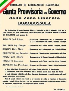 The government of the Ossola Republic consisted of seven men. The president was Ettore Tibaldi. Later he became mayor of Domodossola and national politician.