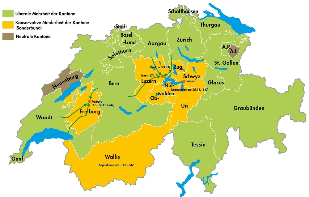 Grafik des Sonderbundskriegs in der Schweiz 1847.