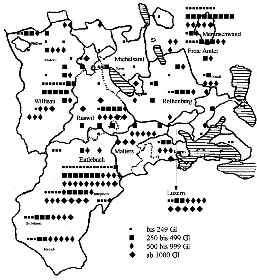 Gülten des Luzerner Landvogts Ludwig Meyer (1587–1663) bei seinem Tod; fast ausnahmslos beschränkt auf das Herrschaftsgebiet der Stadt, vergleichbar einer heutigen Staatsgarantie.