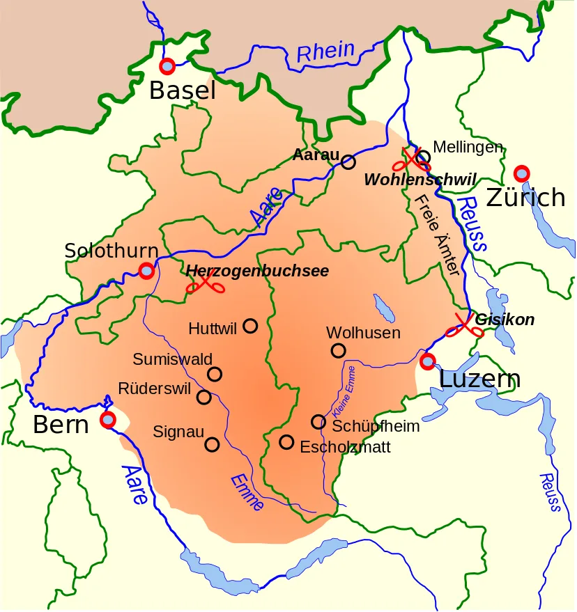 Gebiet der Aufständischen im Bauernkrieg von 1653: zwischen Aare und Reuss, nördlich davon Solothurn und ein Teil des Baselbiets; für einen Sieg der Untertanen hätte es auch die Bauern der Ostschweiz gebraucht.