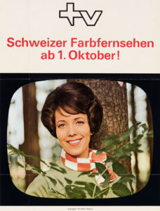 On a stylised TV screen, a presenter advertises the launch of colour television on 1 October 1968.