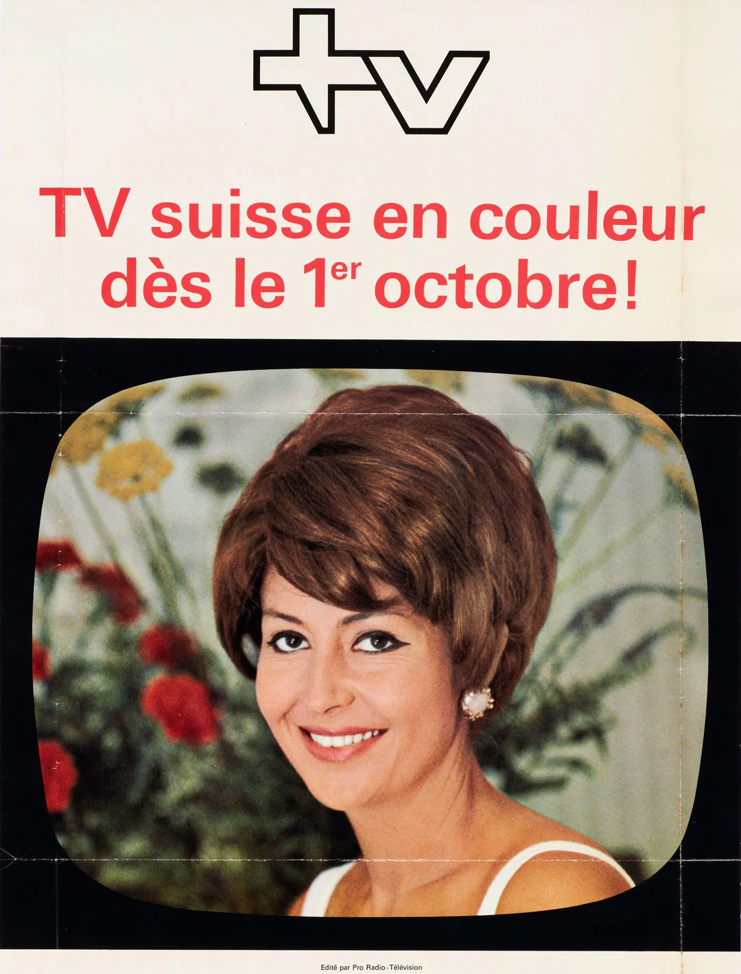 Publicité pour l’introduction de la télévision en couleurs le 1er octobre 1968, montrant une présentatrice.