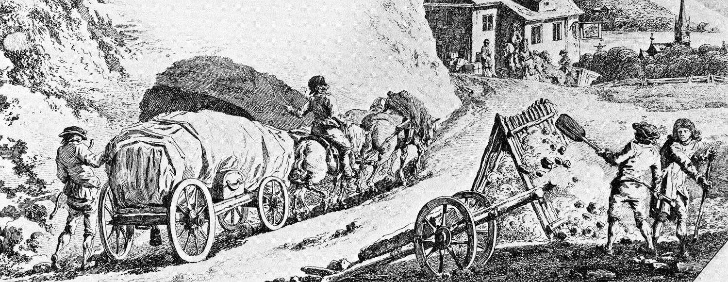 Transport und Strassenbau im 18. Jahrhundert. Kupferstich von Balthasar Anton Dunker, 1795.