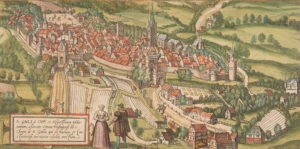 Eine Druckgrafik aus dem 19. Jahrhundert zeigt die Stadt St. Gallen mit dem dominanten Kloster.