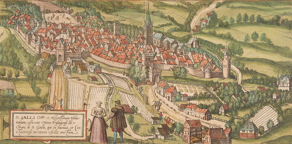 Eine Druckgrafik aus dem 19. Jahrhundert zeigt die Stadt St. Gallen mit dem dominanten Kloster.