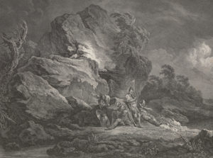 Besonders in Momenten der Ruhe verstärkte sich das Heimweh der Schweizer Söldner. Druckgrafik von vier ruhenden Kriegern, 1778.