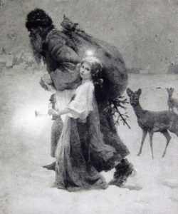 Durch den Schnee stapfender St. Nikolaus mit Christkind.