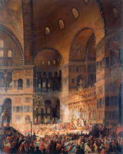 Historienbild: Richard Löwenherz empfängt in der Hagia Sophia das Abendmahl. Gemalt von Gaspare Fossati, 1849.