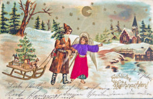Weihnachtspostkarte aus Deutschland um 1900 mit Christkind und Weihnachtsmann.