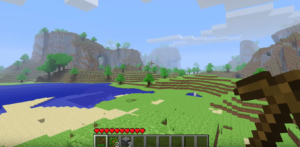 Capture d’écran du jeu Minecraft (2000). Le jeu ne comporte pas d’objectif précis; les joueurs peuvent découvrir et créer eux-mêmes leur monde.
