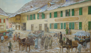 En 1959, Walter Lehmann peignit les émigrants sur le départ devant le restaurant Rössli à Rothtrist.