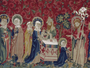 Antependium représentant des étapes de la vie du Christ et les Saints de l’ordre des Dominicains. Cette tapisserie confectionnée à Bâle au XVe siècle était suspendue à un autel dans le couvent de Klingental.