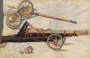 Ce type de canons a été probablement utilisé pour détruire les murailles de la ville de Dijon. Illustration du Zeugbuch de l’empereur Maximilien Ier, 1502.