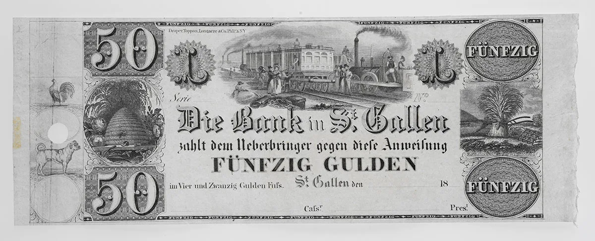 50-Gulden-Note aus St. Gallen, 19. Jahrhundert.