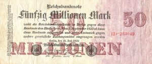 50 millions de marks émis par la Reichsbank, la banque centrale allemande de l’époque, Berlin, 1923.