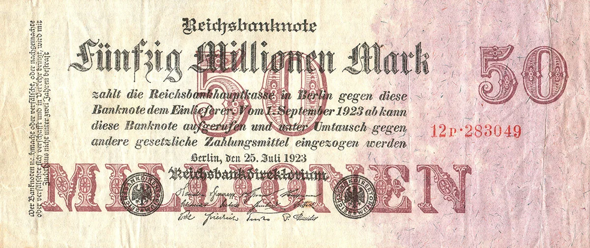 50 Millionen Mark, herausgegeben von der Reichsbank Berlin, 1923.